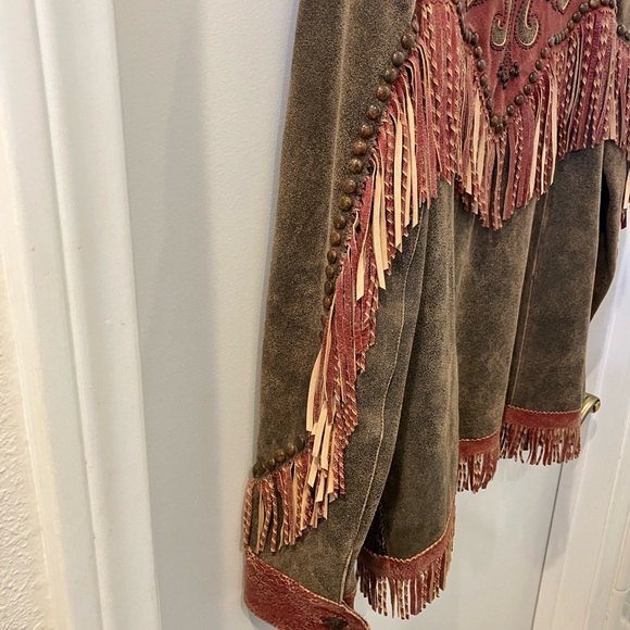Double D Ranch Brown and Red Leather Jacket with Fringe - Picture 7 of 9